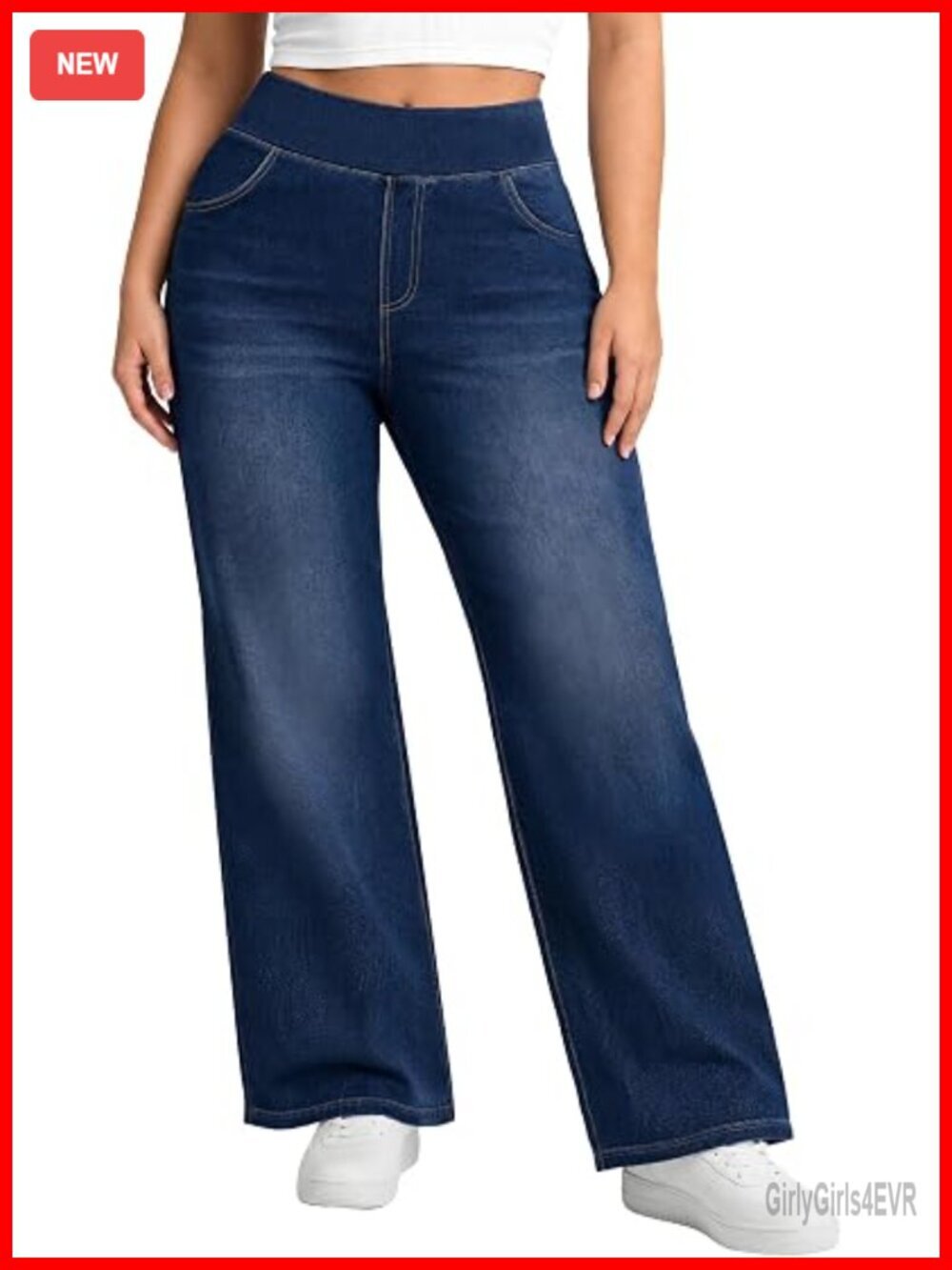 Plus Size Wide Leg Pull On Stretchy Denim Jeans for Curvy Women High Waisted